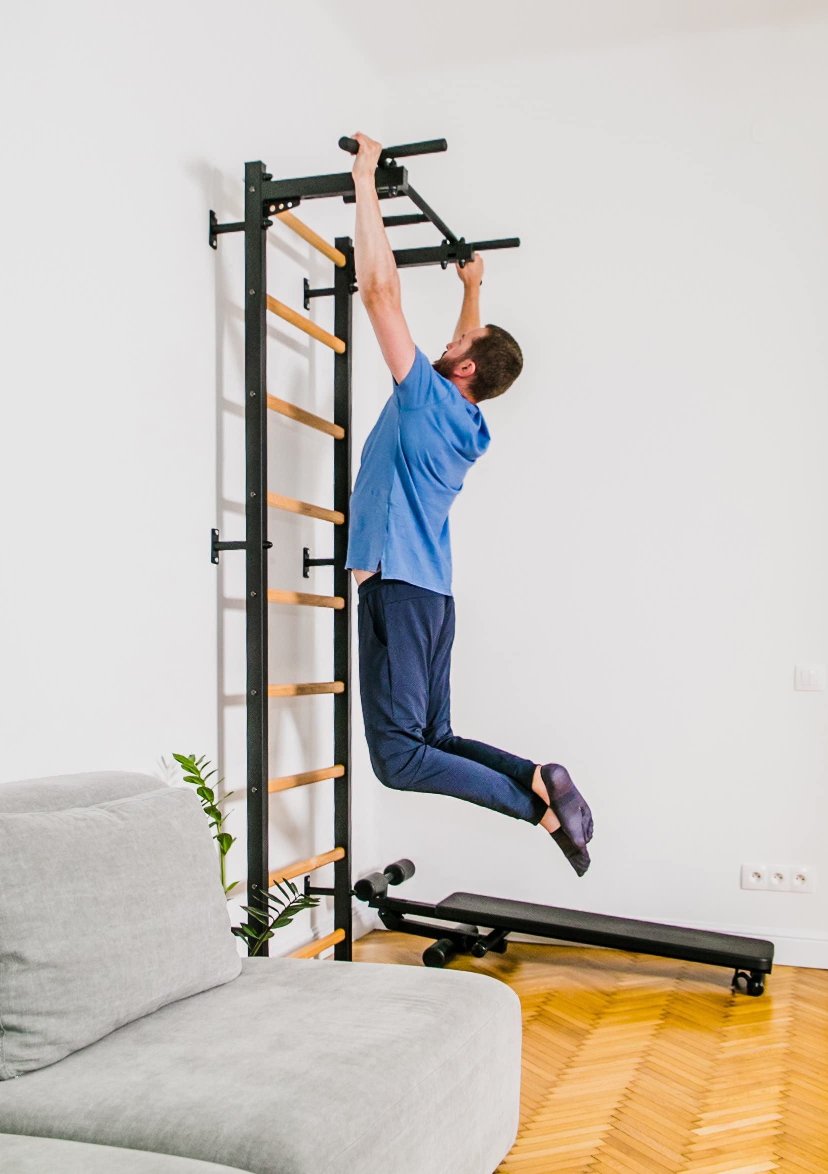 Wooden Swedish Wall Ladder with Chin-Up Bar