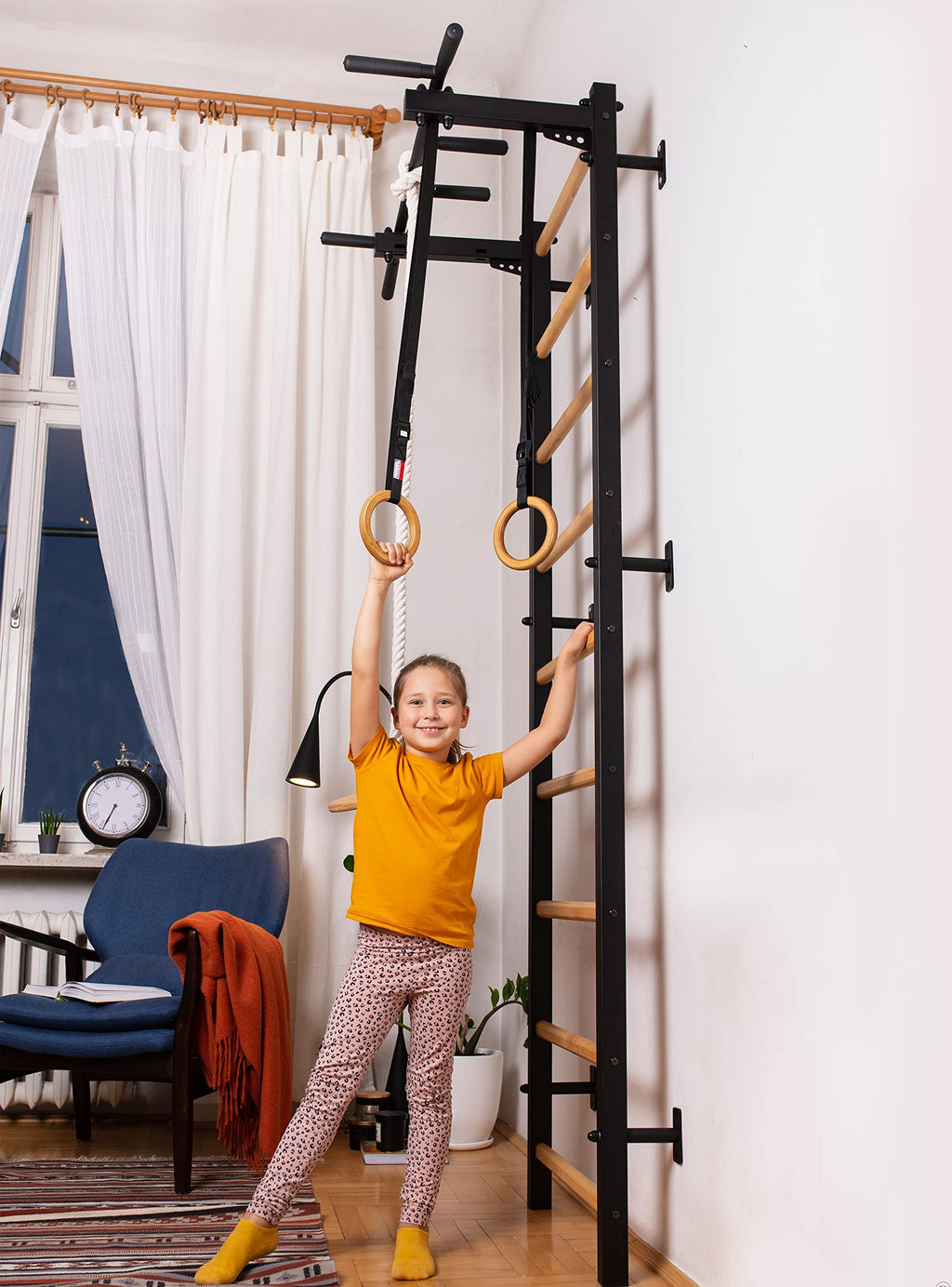 Wooden Swedish Wall Ladder with Chin-Up Bar