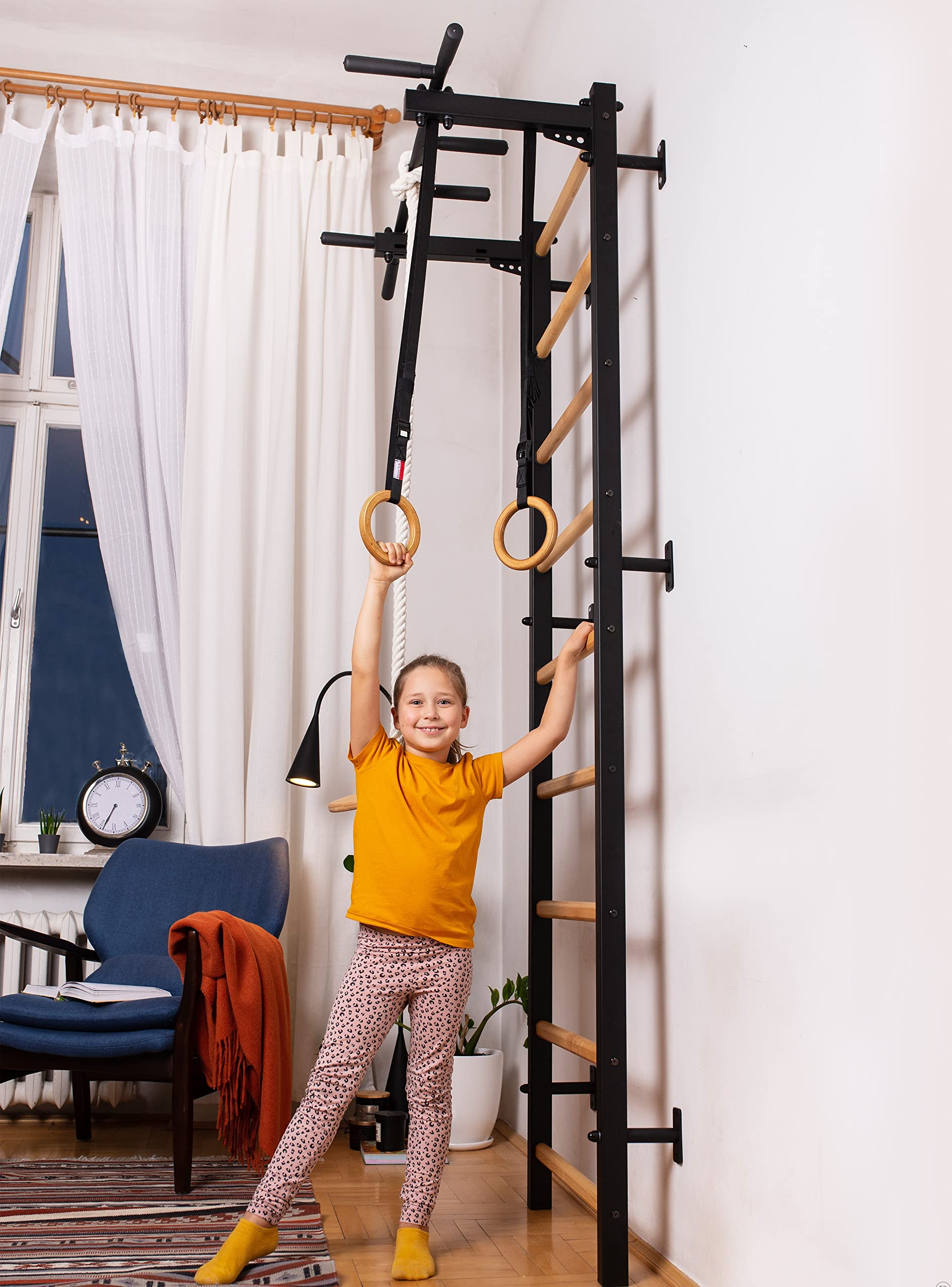 Wooden Swedish Wall Ladder with Chin-Up Bar
